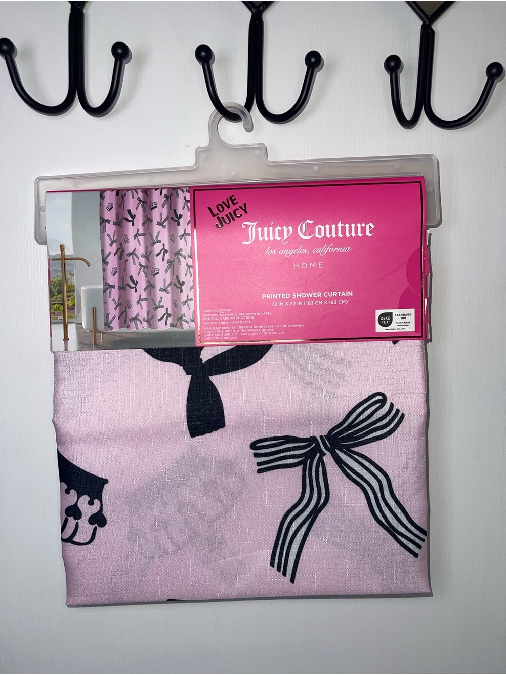 NWT Juicy Couture Pink and Black Bow-Print Shower Curtain